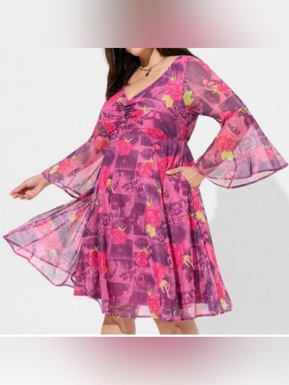 Torrid Betsey Johnson Women's Plus Size 2X Mini Dress Bell Sleeve Pink V Neck